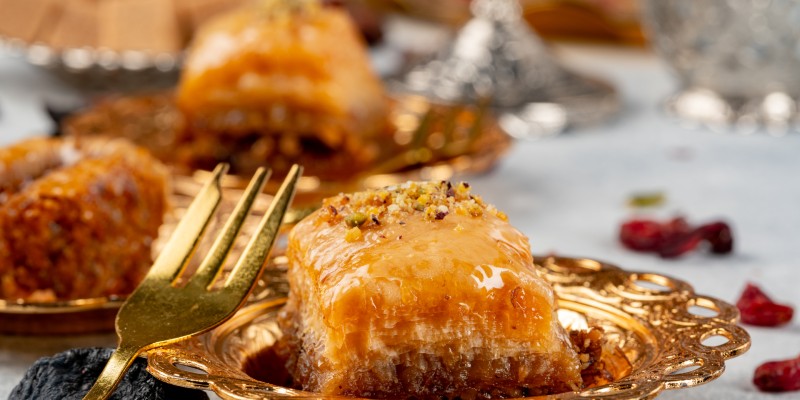 Close up of vegan baklava served at a table