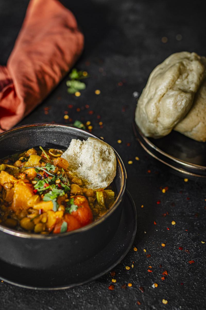 Bambara Bean and cowpea stew served with Dombolo (South African steam bread) 