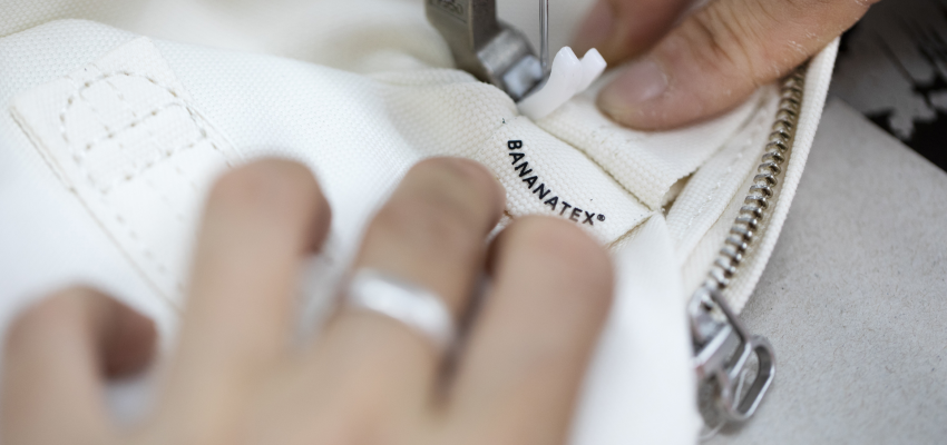 Bananatex label being sewn
