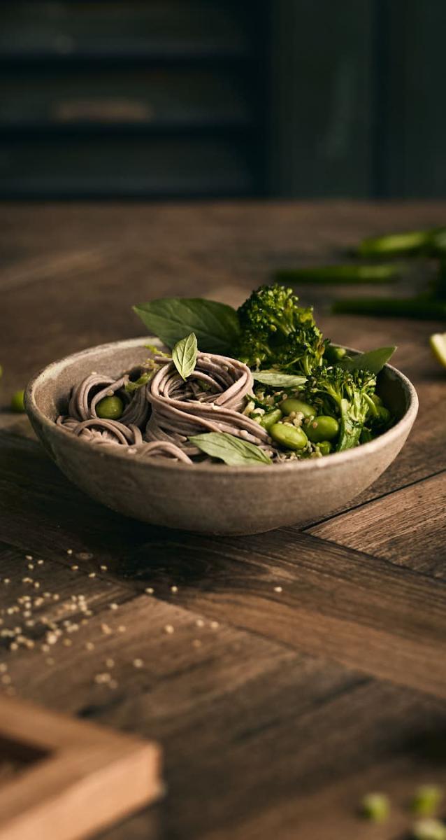 Buckwheat soba noodles in a bowl