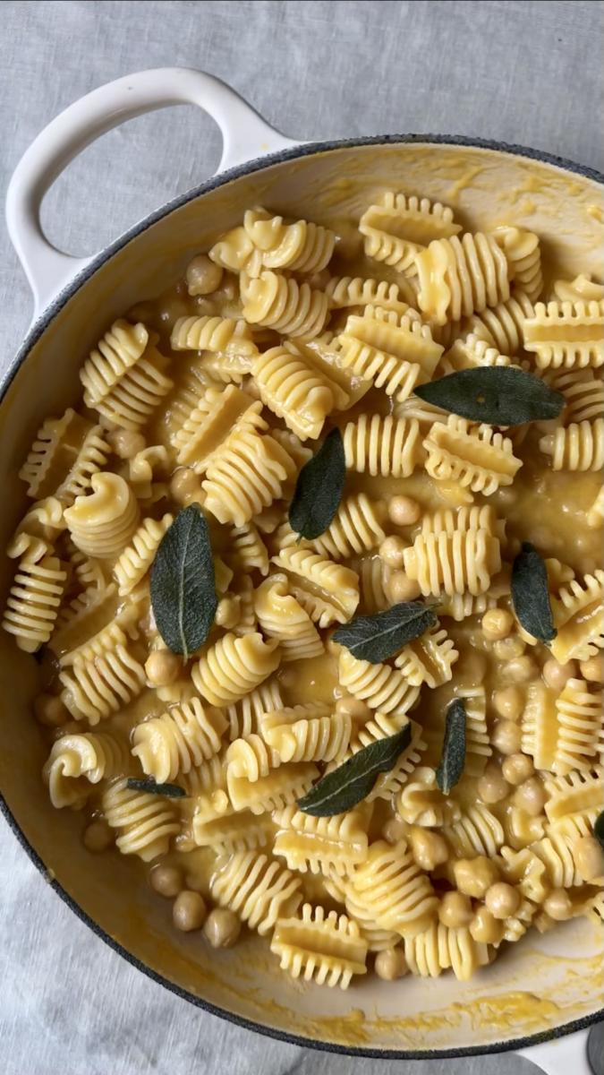 Butternut squash and sage pasta in a dish