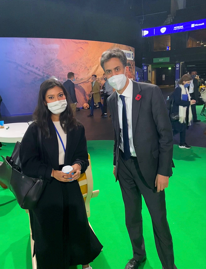Campaigns and Policy Officer Sabrina Ahmed with Ed Miliband at COP26