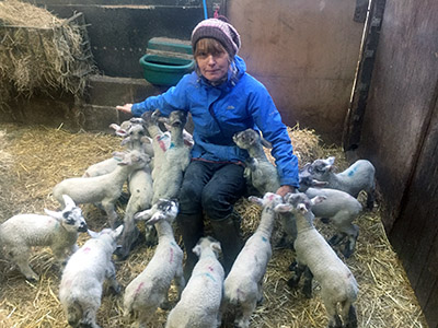 Fiona Okaes at Tower Hill Stables sanctuary, surrounded by lambs