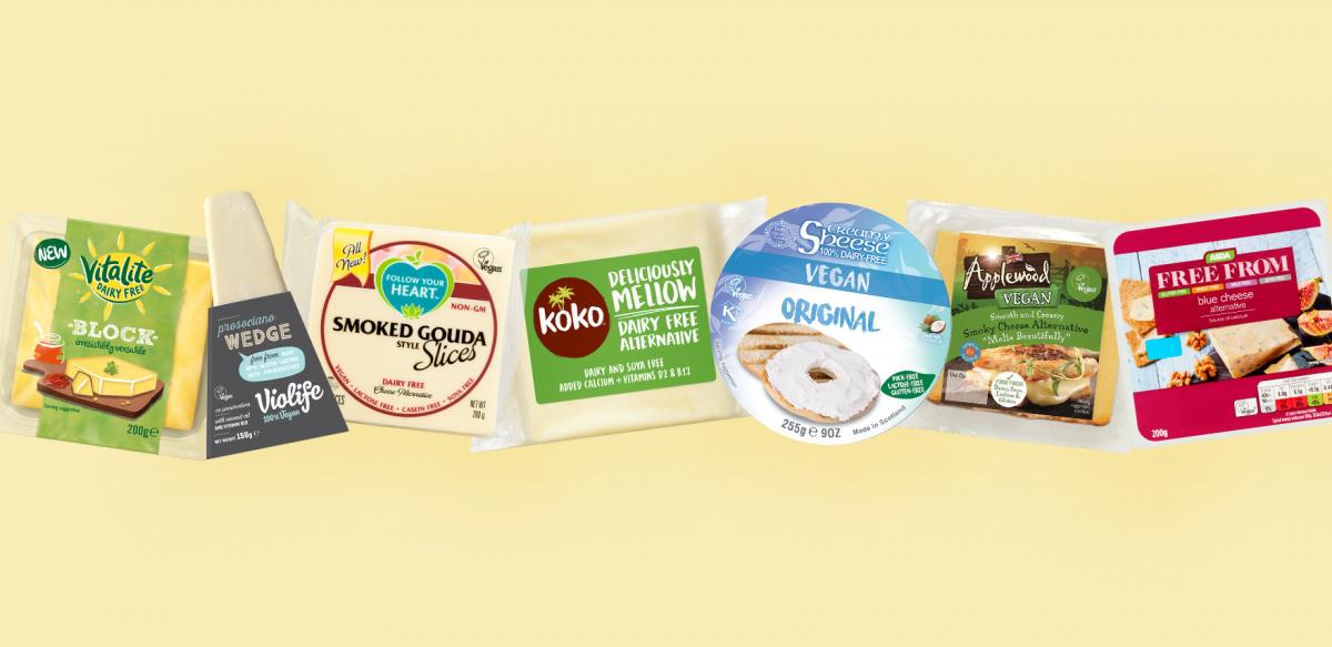 Selection of vegan cheeses imposed on a light yellow background