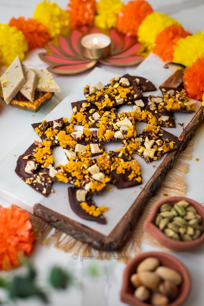 Chocolate Mithai Bark served on a decorated table