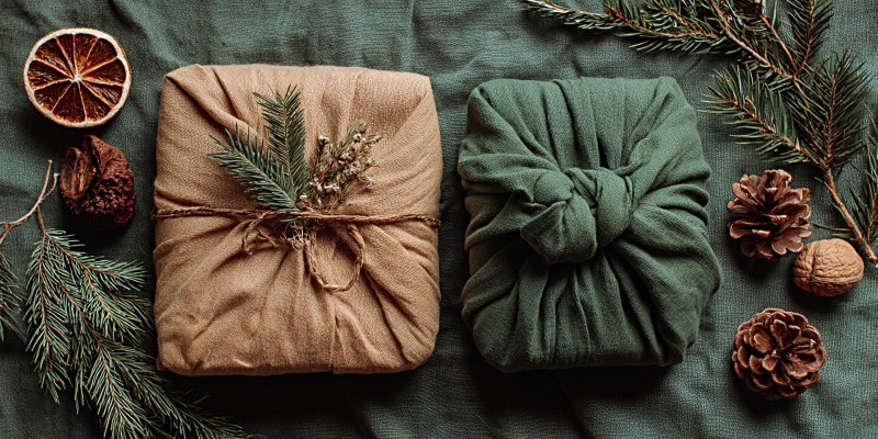 Presents wrapped surrounded by pine cones, dried leaves and dried oranges