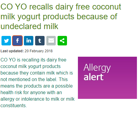 CO YO allergy alert recalls dairy free coconut yoghurt because of undeclared milk