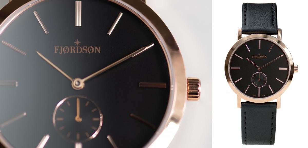Half image is a close up of the watch face and half is a full view of the watch against a white background