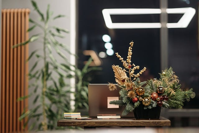 A Homemade Christmas decoration made with sprigs of greenery and baubles