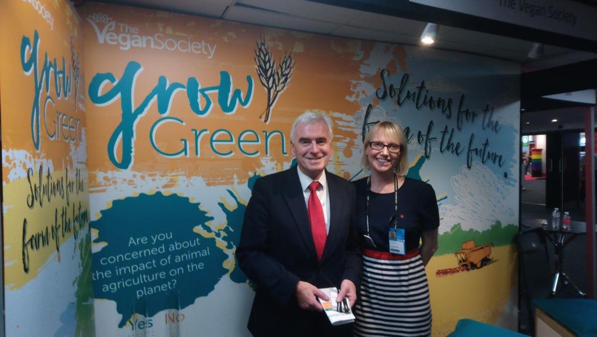 Shadow Chancellor of the Exchequer John McDonnell with The Vegan Society’s Louise Davies at last year’s Labour Party Conference 