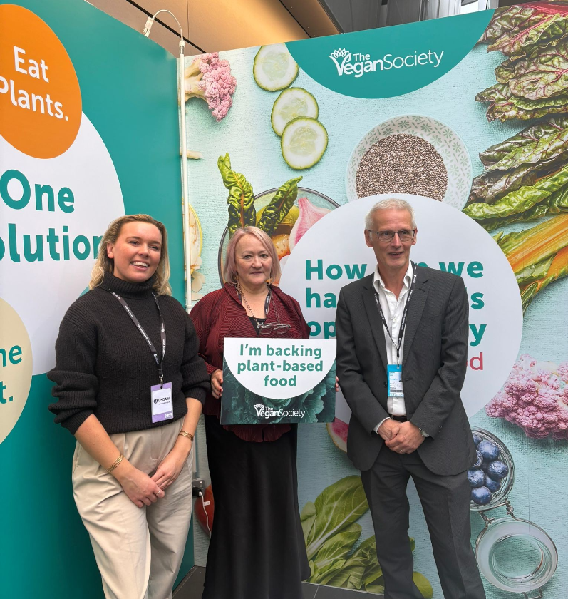 MP Kerry McCarthy with Vegan Society Public Affairs and Policy Manager, Alistair Currie and Head of Campaigns, Policy and Research, Claire Ogley