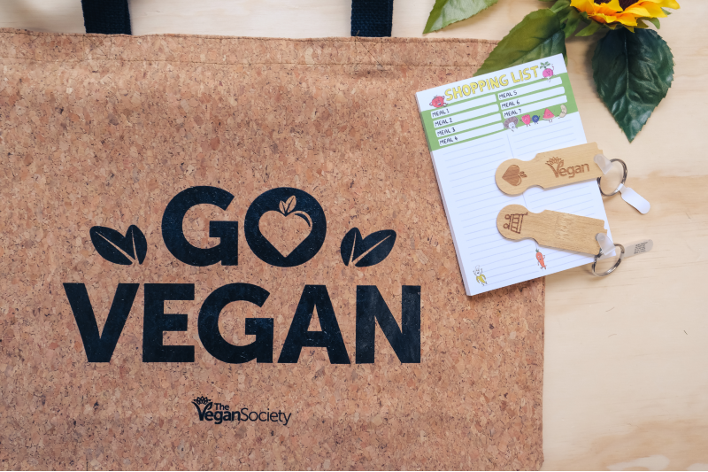 Go vegan tote bag, with vegan shopping list and vegan society keyrings
