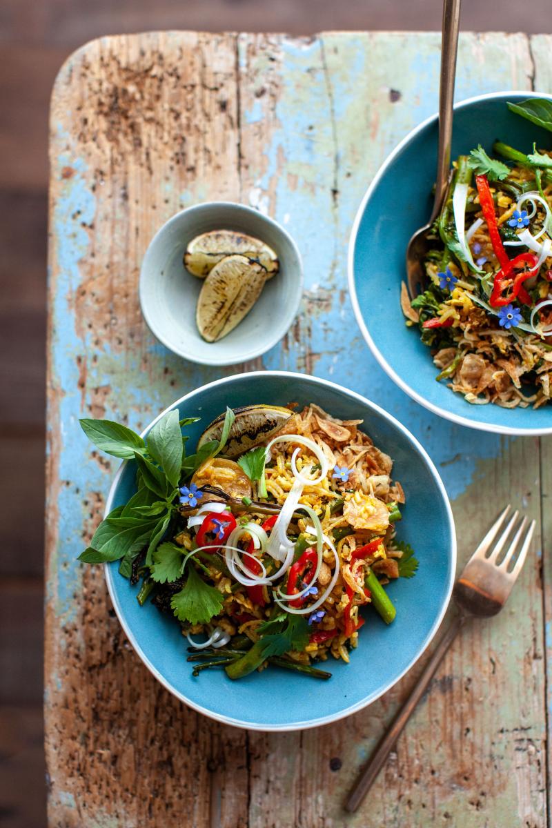 Nasi Goreng Inspired Vegan Watercress Rice Bowl with Charred Lime