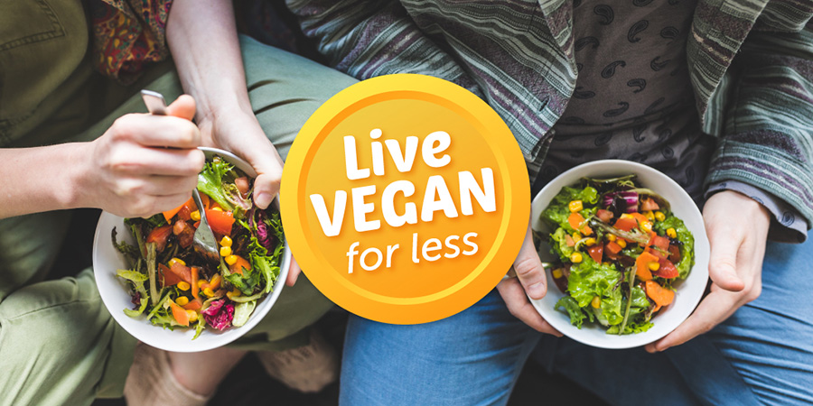 Image looking down at two people eating vegan food out of bowls with the Live Vegan for Less campaign logo over the top