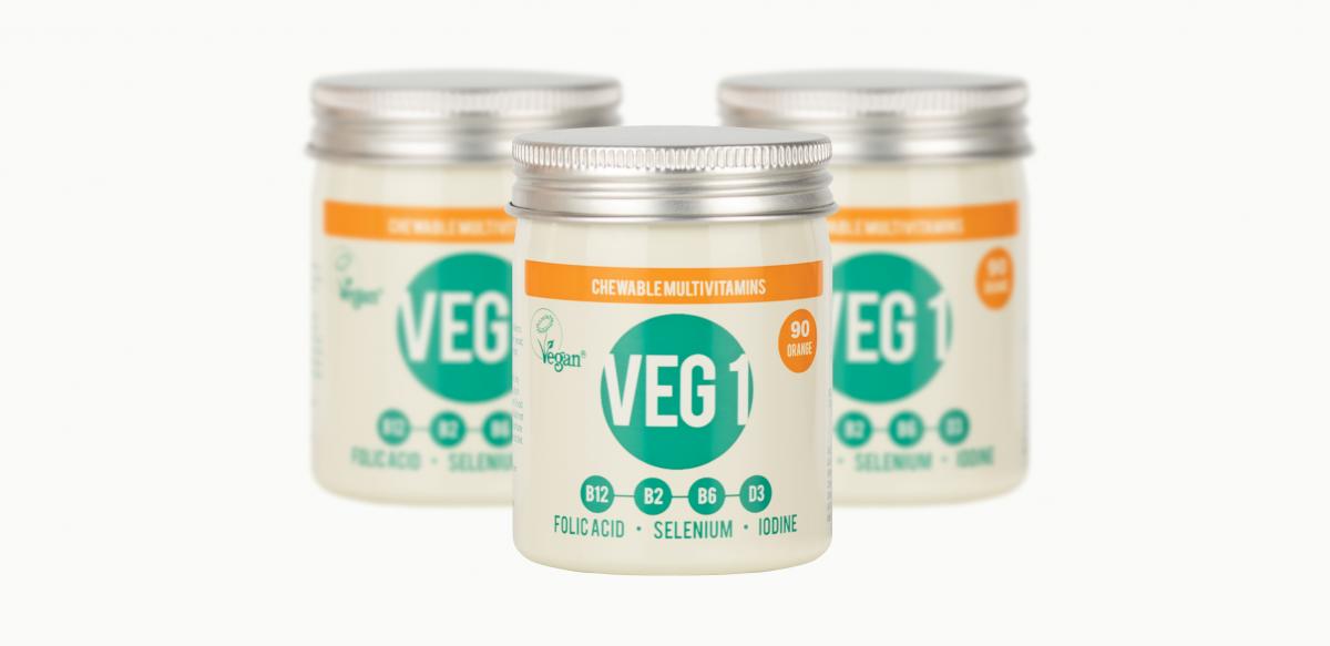 Three tins of VEG 1 vegan multivitamin supplement that includes iodine 