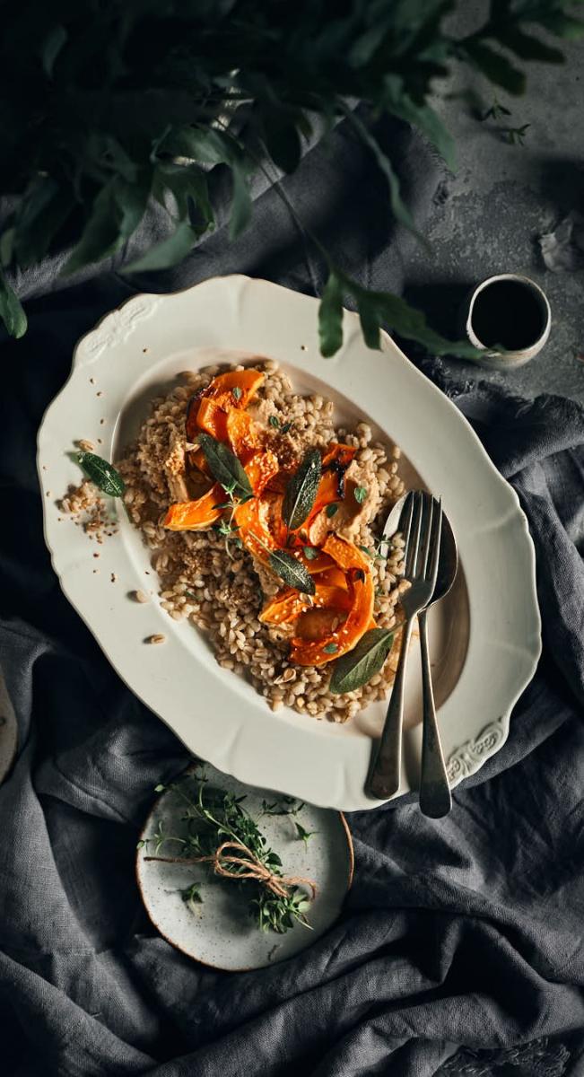 Roast Butternut Squash, Sesame Hummus and Pearl Barley