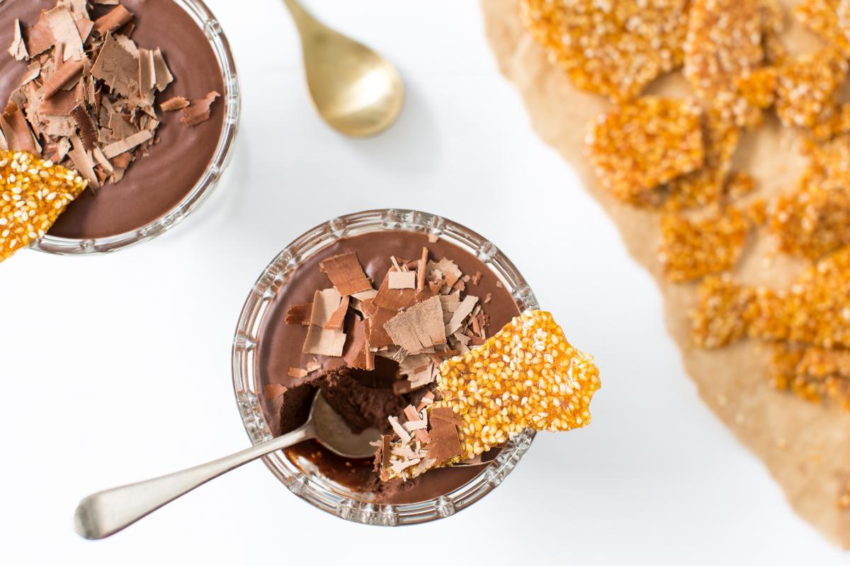 Vegan chocolate and miso mousse served with sesame brittle