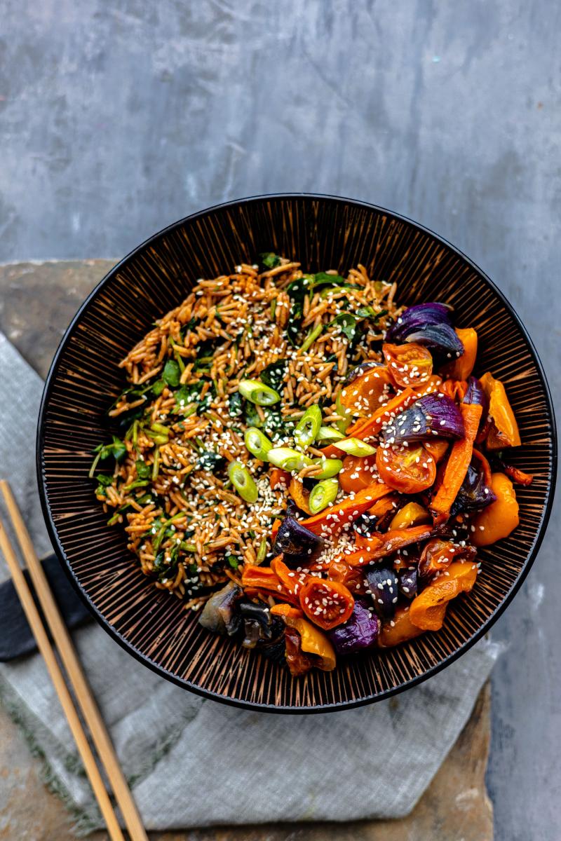 Vegan Smoked Soy Spicy Rice Bowl with Watercress & Roast Vegetables