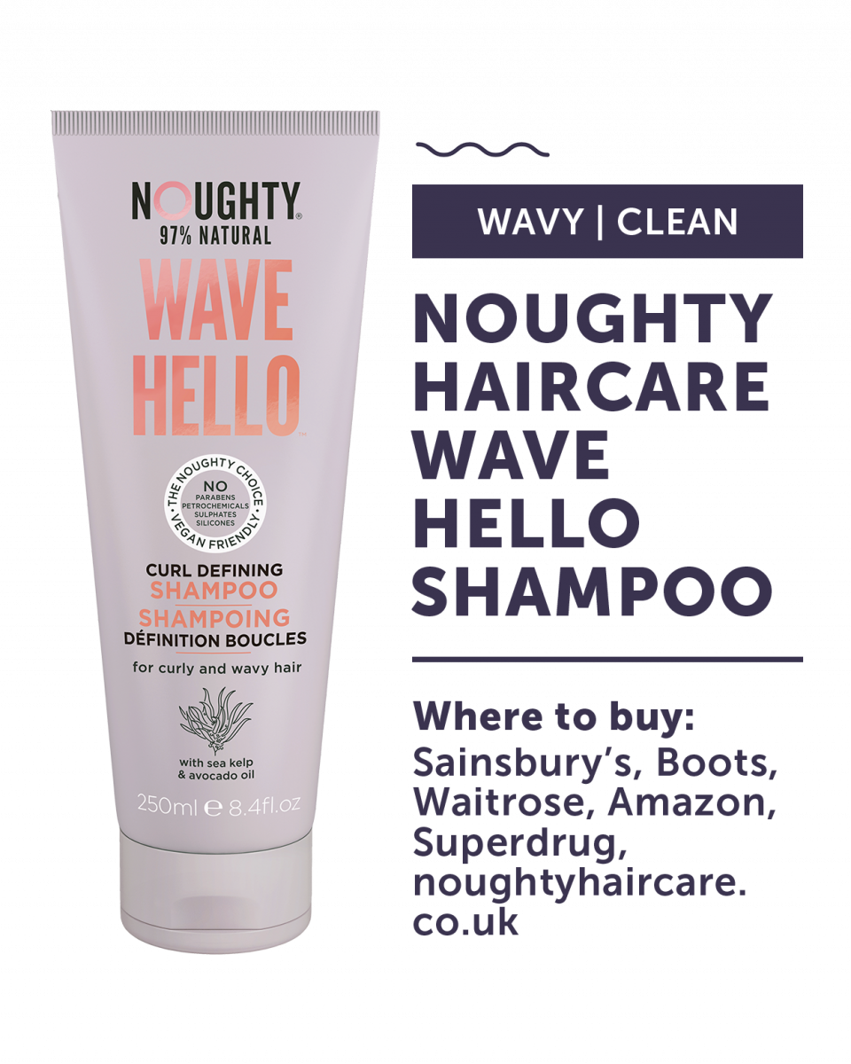 Noughty haircare wave hello shampoo, buy at Sainsbury's, Boots, Waitrose, Amazon, Superdrug and Noughty haircare. Click to visit Noughty Haircare.