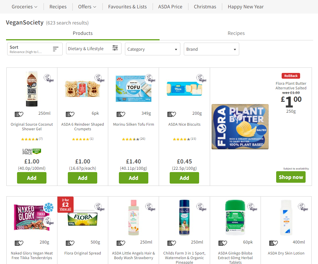 Screenshot of Asda website with Vegan Trademark products