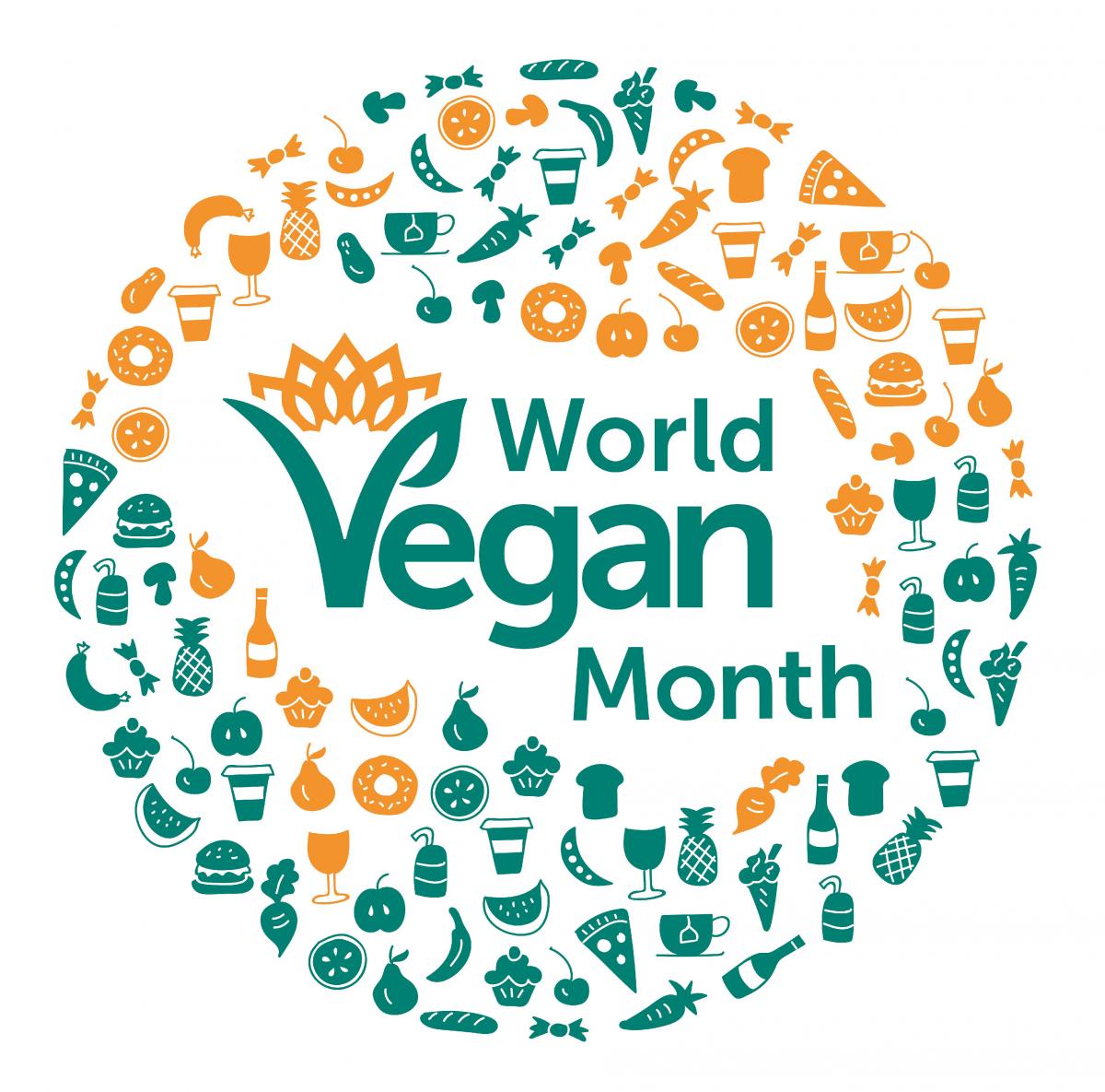 World vegan Month with a circle of cartoon food