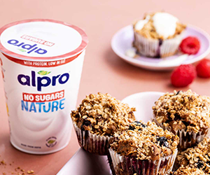 alpro yoghurt with muffins and fruit