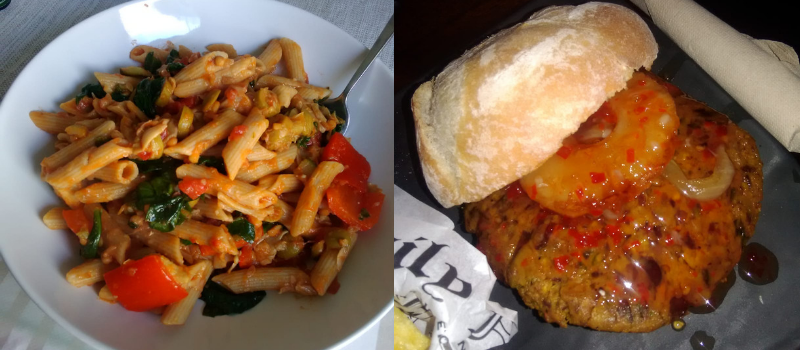 Vegan pasta and burger