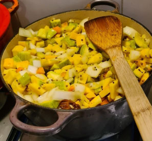 Large pot with chopped vegetables ready to be cooked into chutney