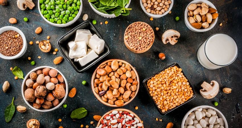 vegan calcium and protein foods like tofu, plant milk, greens, nuts and grains on a grey table top down view