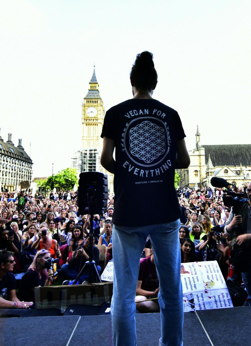 Earthling Ed standing in front of a crowd.