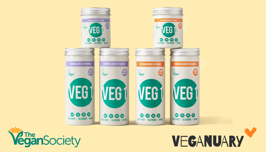 Six pots of VEG 1 stacked up with The Vegan Society and Veganuary logos