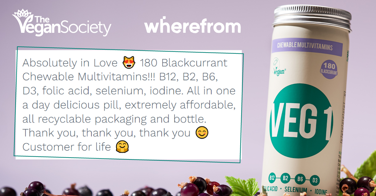 Wherefrom review reads: "Absolutely in Love, 180 Blackcurrant Chewable Multivitamins!!! B12, B2, B6, D3, folic acid, selenium, iodine. All in one delicious pill, extremely affordable, recyclable packaging and bottle. Thank you, thank you, thank you. Customer for life.