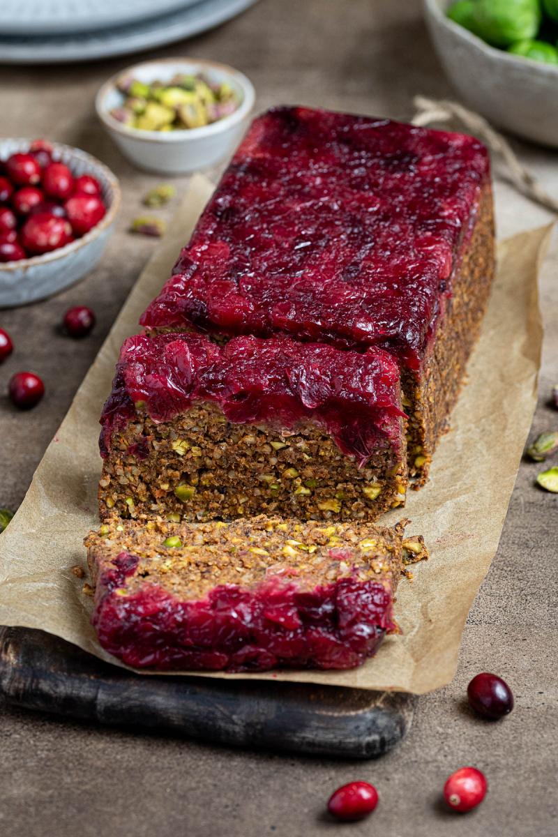 Pistachio Cranberry Nut Roast surrounded by ingredients