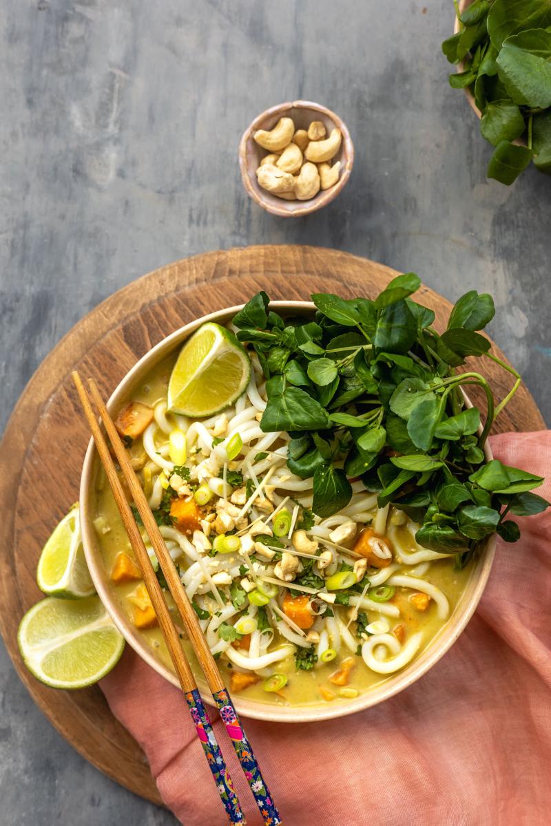 One pot vegan thai green noodle soup with watercress