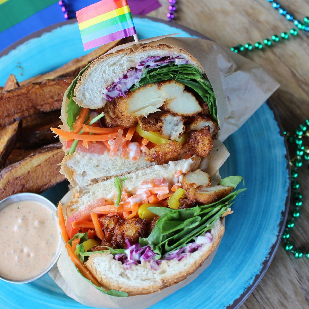 Pride vegan Poboy which is a traditional sandwich from Louisiana - best seller at Krimsey's Cajun Kitchen