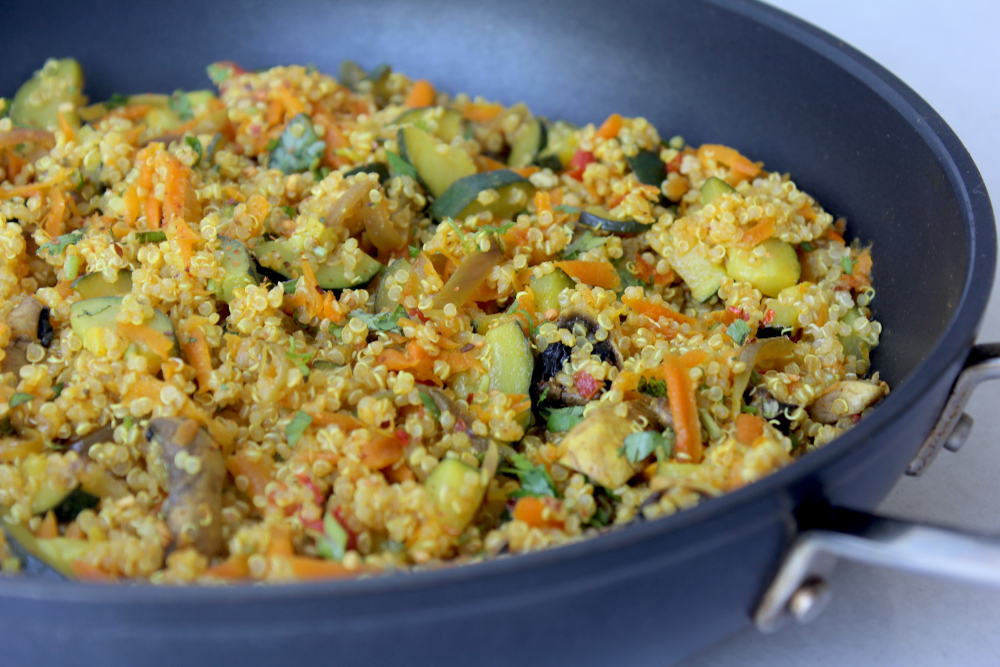 Close up of bowl of rainbow quinoa