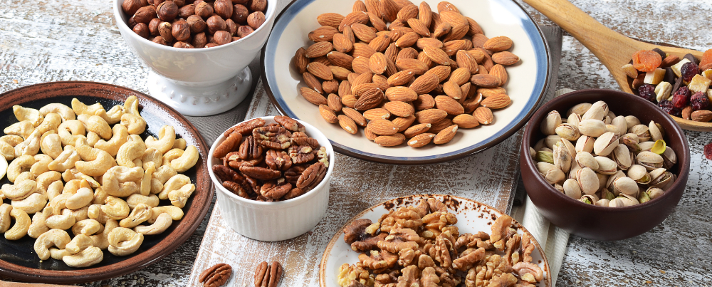 variety of nuts in bowls