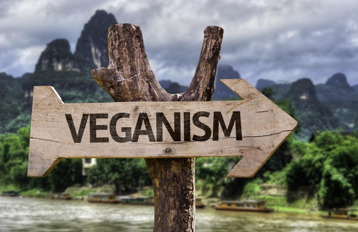 Wooden sign in rural area pointing to VEGANISM