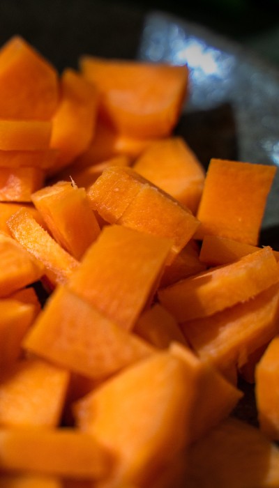 photo of chopped and peeled sweet potato chunks