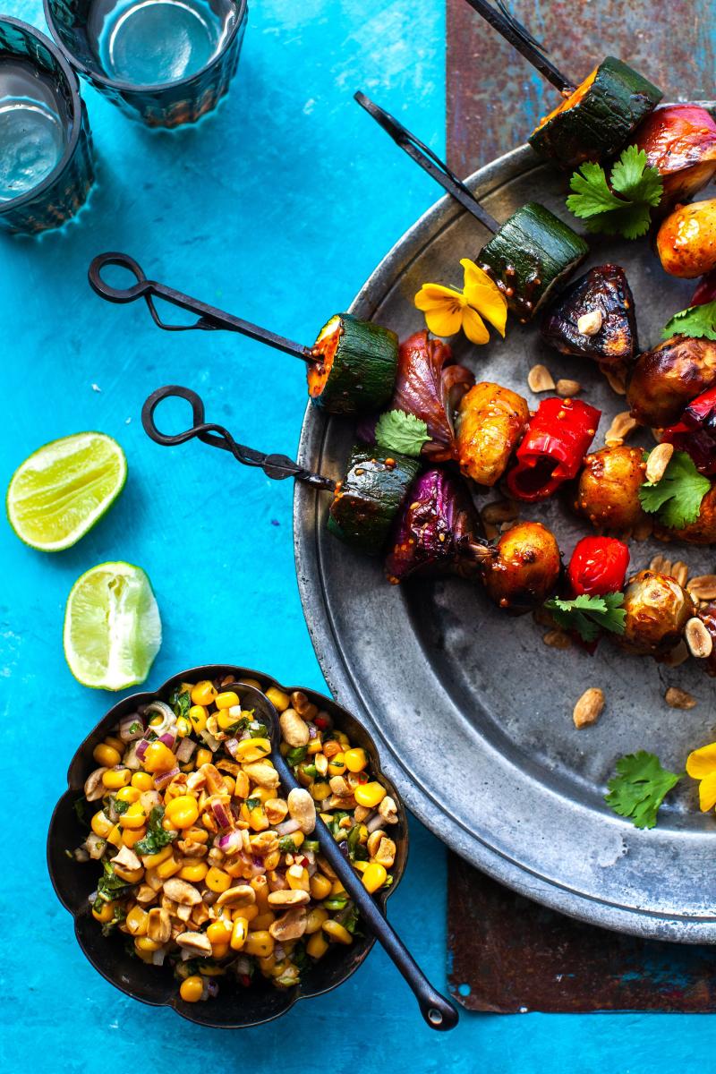 Grilled vegetable skewers with watercress sweetcorn salsa