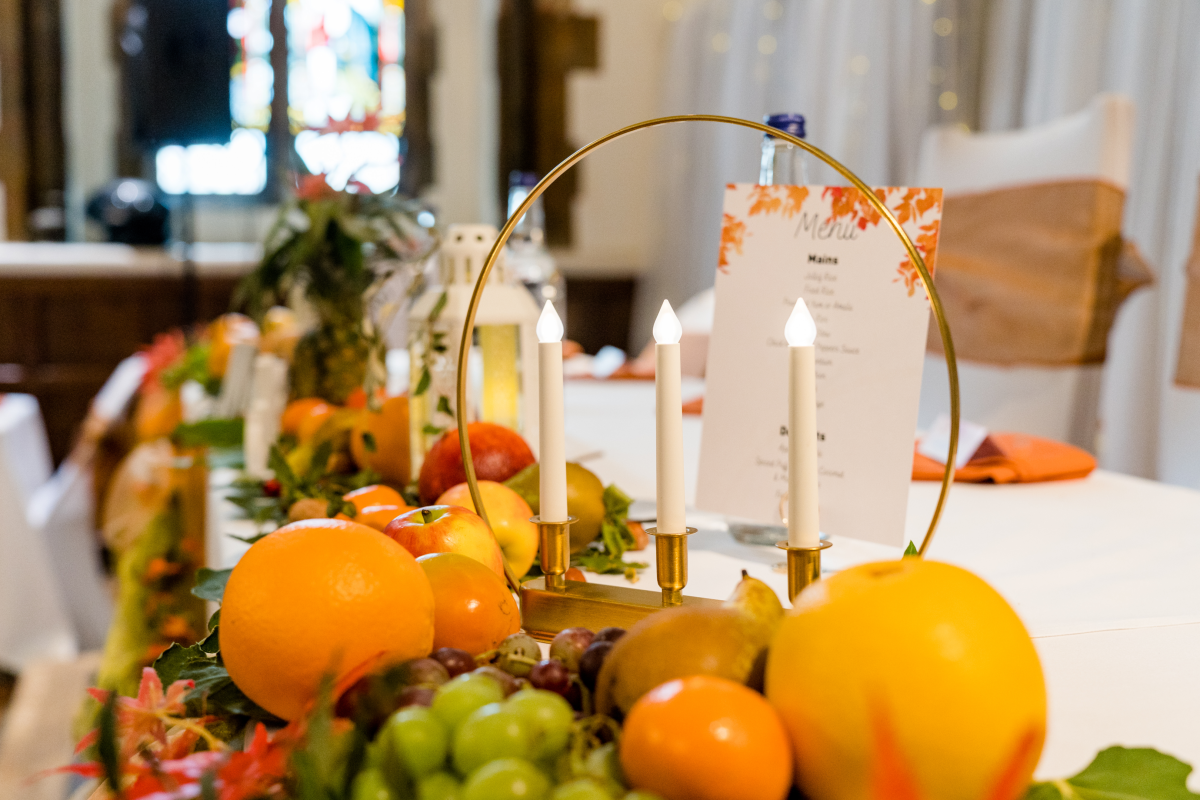 Vegan wedding decorations with a selection of fruit
