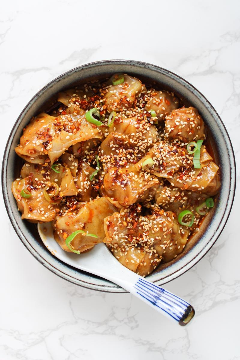 Wontons in chili oil in a bowl