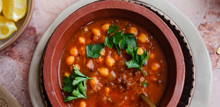 vegan harira soup in a bowl 